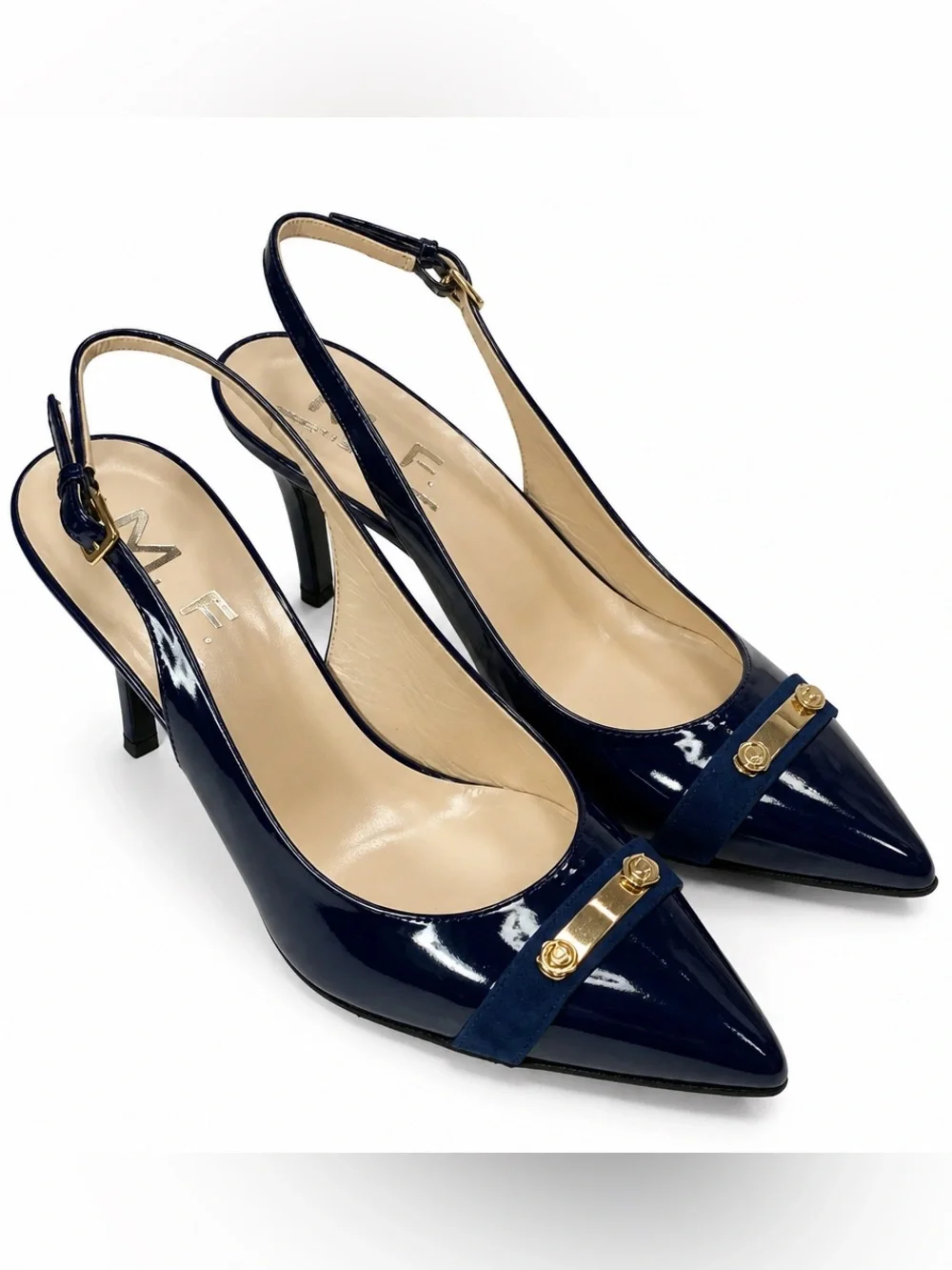 M. F. Collection Women’sNavy Patent Pointed-Toe Slingback Heels with Gold Accent